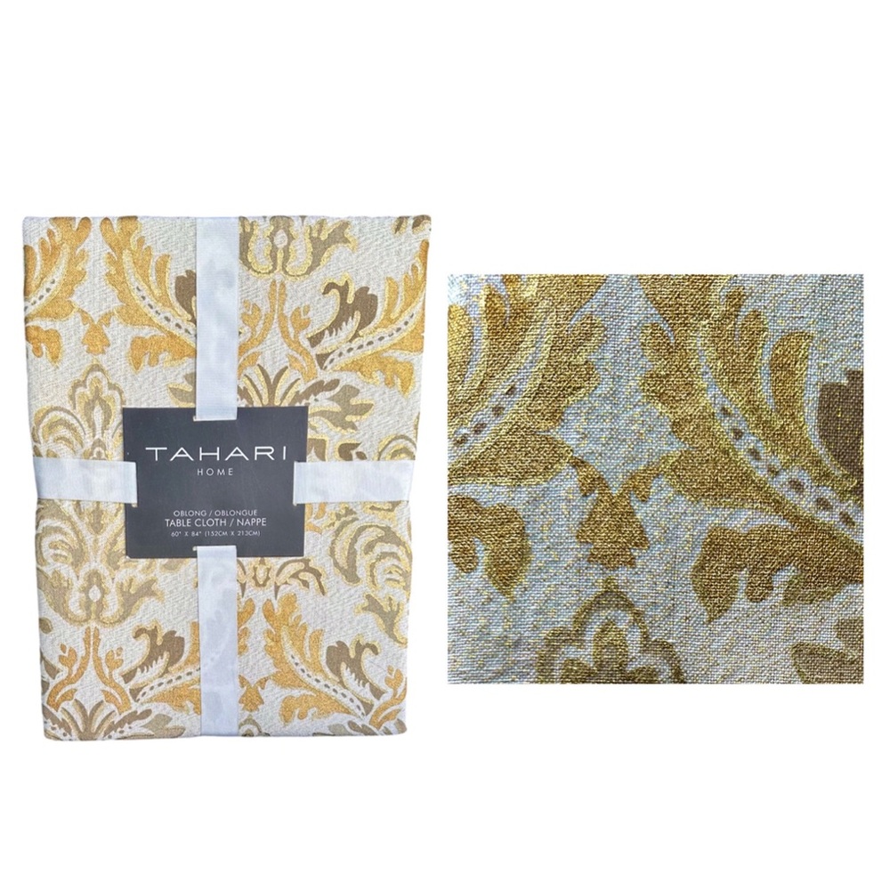 Tahari Tablecloth Oblong Neutral Tones Gold Paint & Gold Glitter NEW WITH TAGS